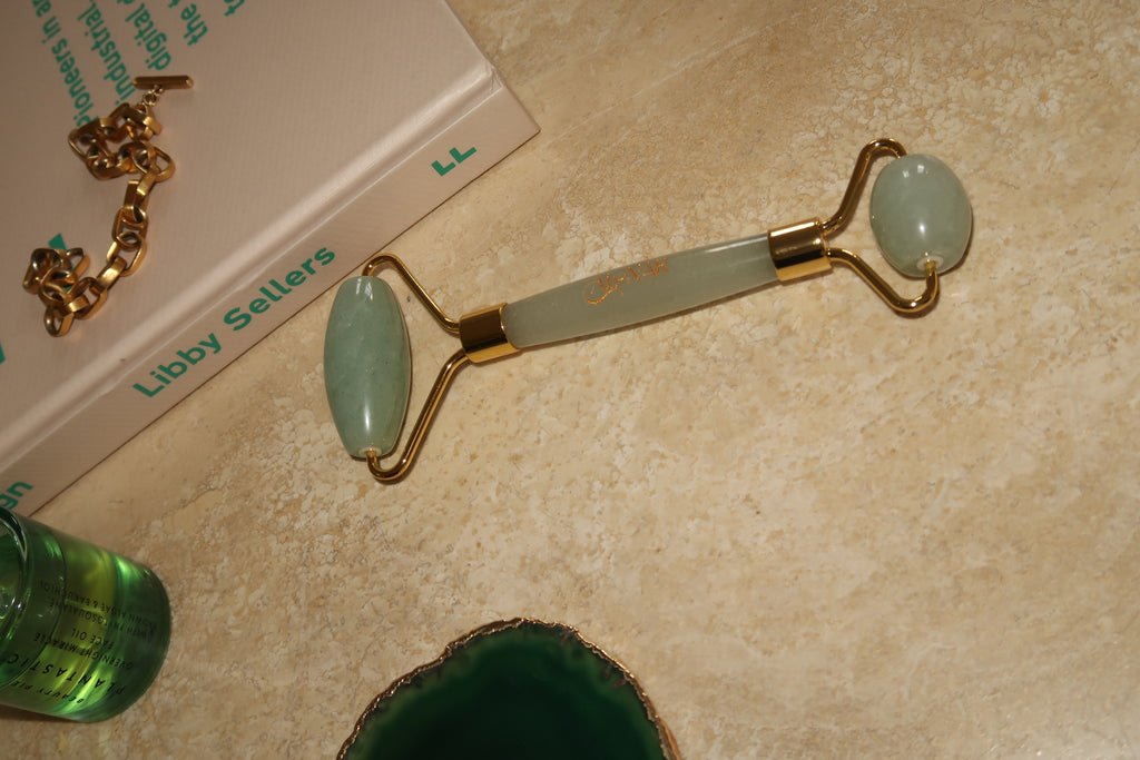 Aventurine Crystal Facial Massage Roller, Gold Metal