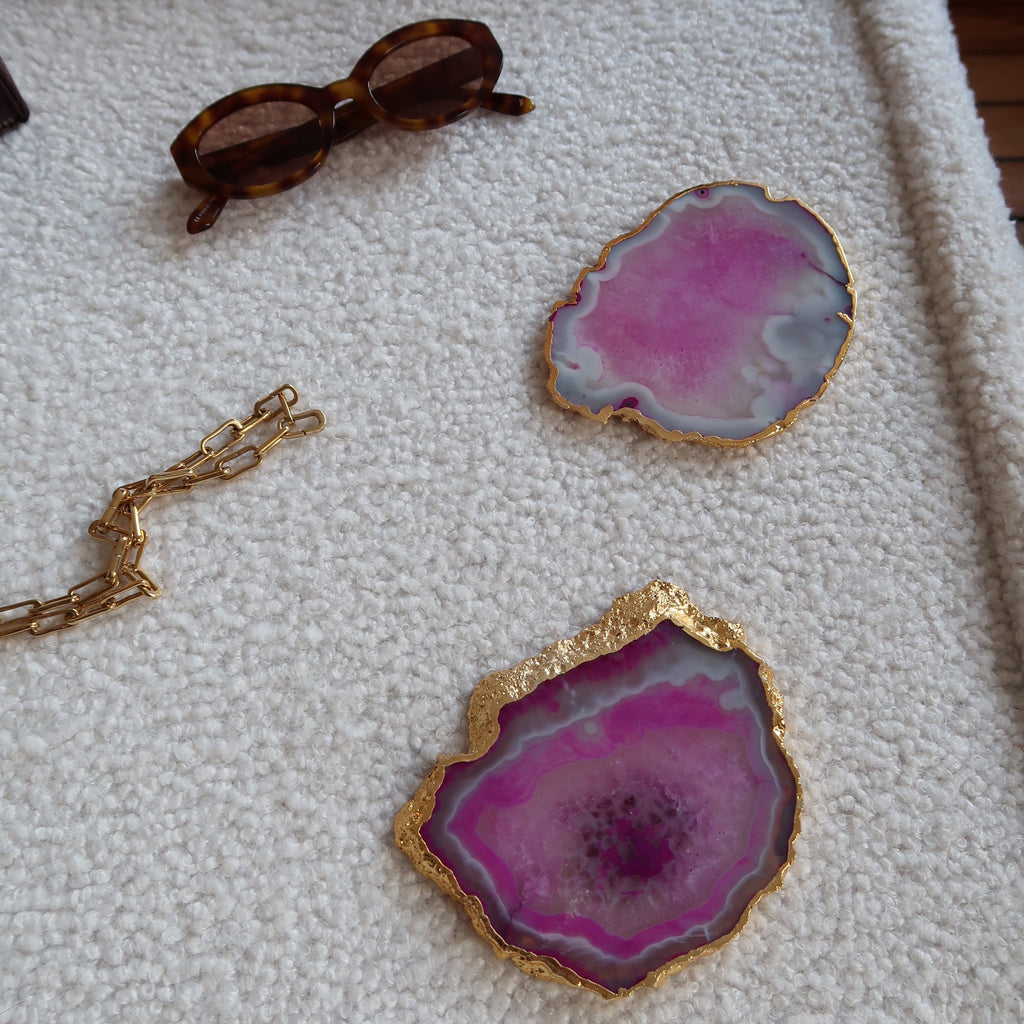 Agate Crystal Coasters with Gold Edge in Pink - Set of 2